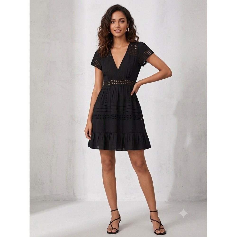 Zara Basic Black Eyelet Lace V-Neck Mini Dress Ruffle Tiered Short Sleeve XS